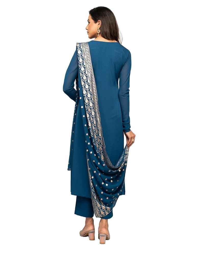 FIORRA Women's Teal Blue Crepe A-line Kurta with Pant and Dupatta - Image 5