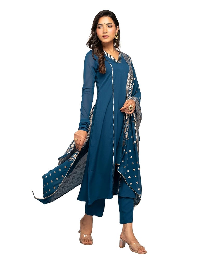 FIORRA Women's Teal Blue Crepe A-line Kurta with Pant and Dupatta - Image 4