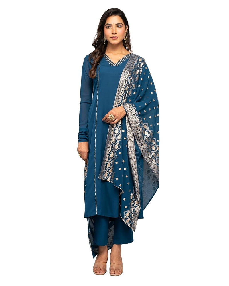 FIORRA Women's Teal Blue Crepe A-line Kurta with Pant and Dupatta - Image 2