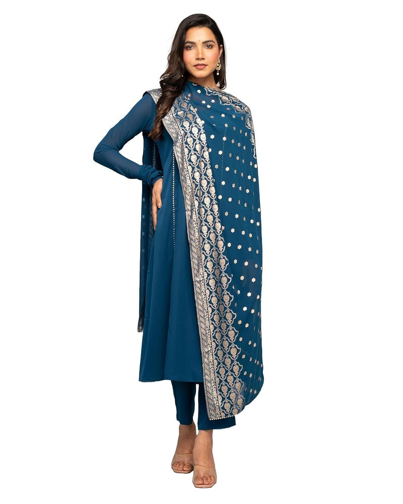 FIORRA Women's Teal Blue Crepe A-line Kurta with Pant and Dupatta - Image 1