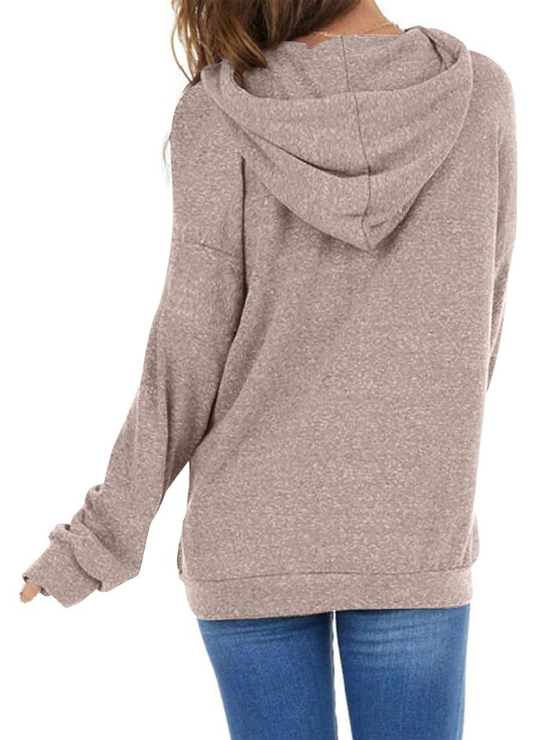 PGANDS Women's Long Sleeve Drawstring Hoodies Sweatshirt Casual Loose Lightweight Pullover Tops with Pocket Taupe - Image 4