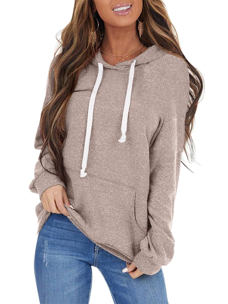 PGANDS Women's Long Sleeve Drawstring Hoodies Sweatshirt Casual Loose Lightweight Pullover Tops with Pocket Taupe - Image 1