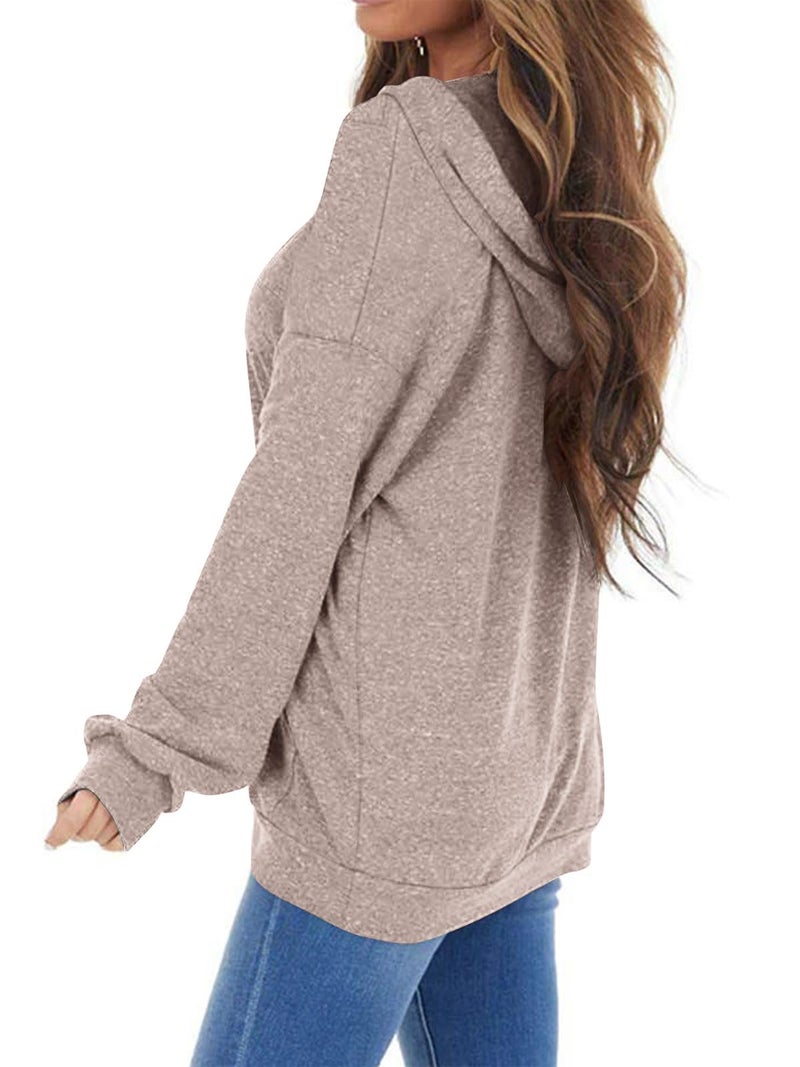 PGANDS Women's Long Sleeve Drawstring Hoodies Sweatshirt Casual Loose Lightweight Pullover Tops with Pocket Taupe - Image 2