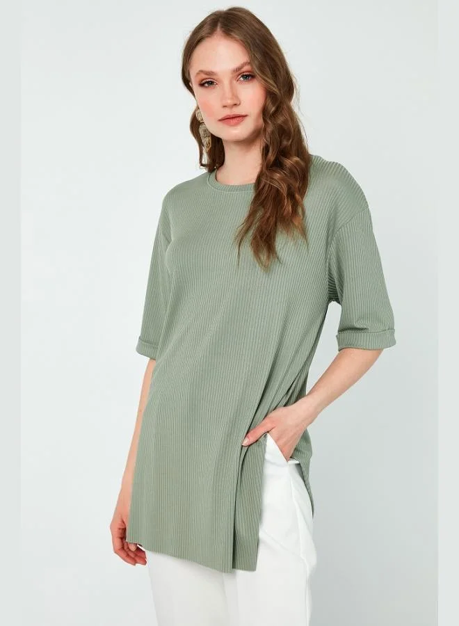 Lela Lela Oversize Crew Neck Blouse with Slit Detail Women's Blouse 5869000