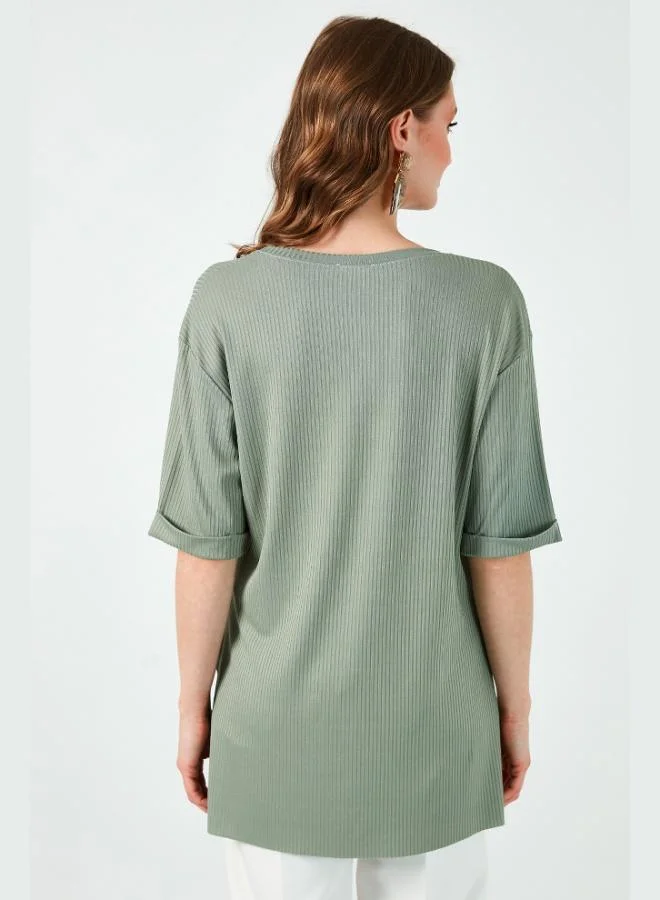 Lela Lela Oversize Crew Neck Blouse with Slit Detail Women's Blouse 5869000
