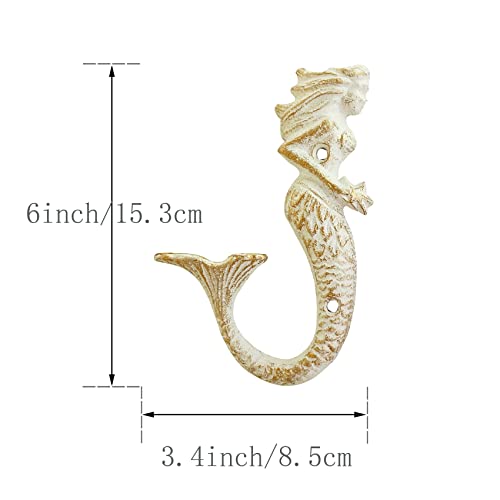 ZILucky Set of 2 Mermaid Cast Iron Decorative Wall Hooks, Beach Ocean Theme, Chic Vintage Rustic Wall Decor (White - Mermaid Wall Hooks) - Image 2