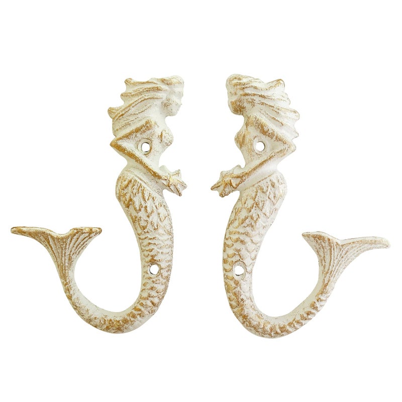 ZILucky Set of 2 Mermaid Cast Iron Decorative Wall Hooks, Beach Ocean Theme, Chic Vintage Rustic Wall Decor (White - Mermaid Wall Hooks) - Image 5