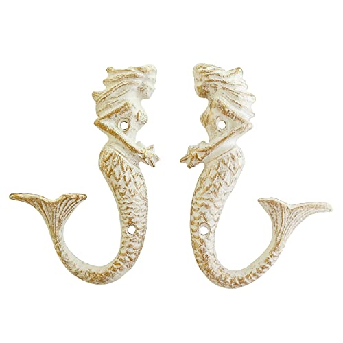 ZILucky Set of 2 Mermaid Cast Iron Decorative Wall Hooks, Beach Ocean Theme, Chic Vintage Rustic Wall Decor (White - Mermaid Wall Hooks) - Image 1