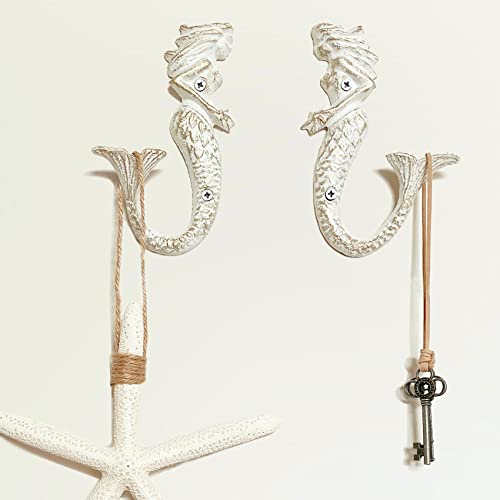 ZILucky Set of 2 Mermaid Cast Iron Decorative Wall Hooks, Beach Ocean Theme, Chic Vintage Rustic Wall Decor (White - Mermaid Wall Hooks) - Image 3