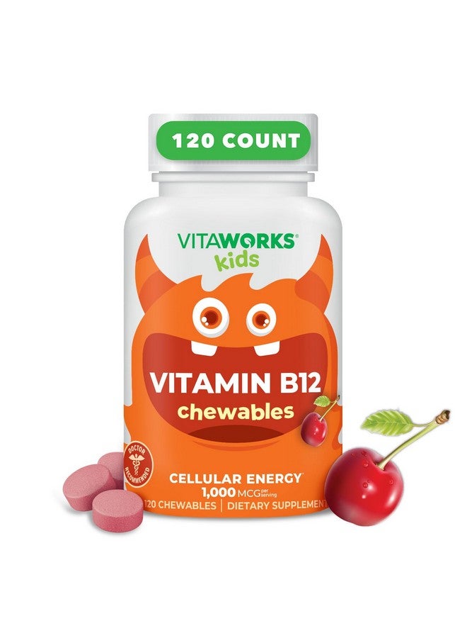 VitaWorks Kids Vitamin B12 1000 mcg Chewable Tablets - Tasty Natural Cherry Flavor - Vegan, GMO-Free, Gluten Free, Nut Free - Dietary Supplement - Cellular Energy Vitamins for Children - 120 Chewables - Image 1