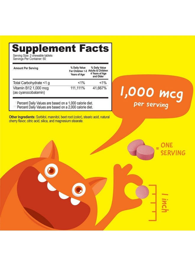 VitaWorks Kids Vitamin B12 1000 mcg Chewable Tablets - Tasty Natural Cherry Flavor - Vegan, GMO-Free, Gluten Free, Nut Free - Dietary Supplement - Cellular Energy Vitamins for Children - 120 Chewables - Image 2