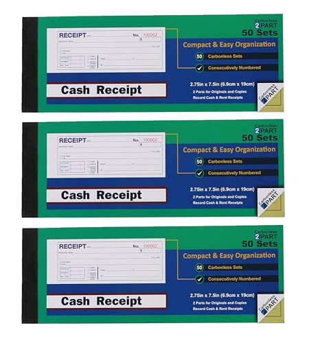Gimehome Money or Rent Receipt Book, 50 Sets 7 1/2" x 2 3/4" 2-Part Carbonless, White & Canary, Bound Wraparound Cover(3pack) - Image 1