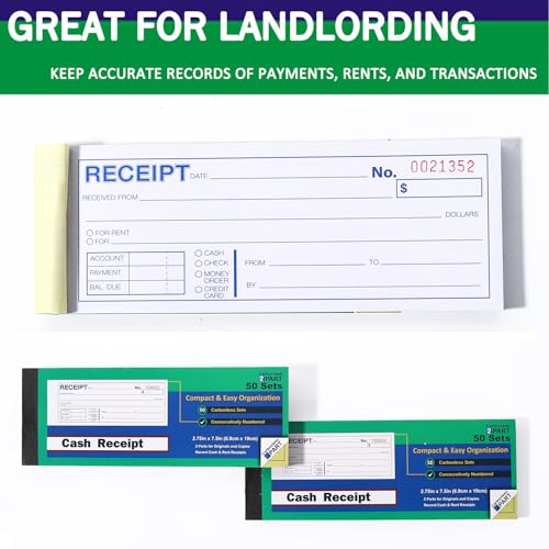 Gimehome Money or Rent Receipt Book, 50 Sets 7 1/2" x 2 3/4" 2-Part Carbonless, White & Canary, Bound Wraparound Cover(3pack) - Image 3