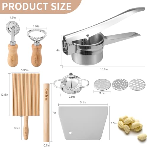 Cocfrss 7 Pcs Potato Ricer Gnocchi Board Kit with Dough Scraper Ravioli Cutter Empanada Press Round Ravioli Mold Ravioli Rolling Pin Stainless Steel Ricer for Mashed Potatoes - Image 3