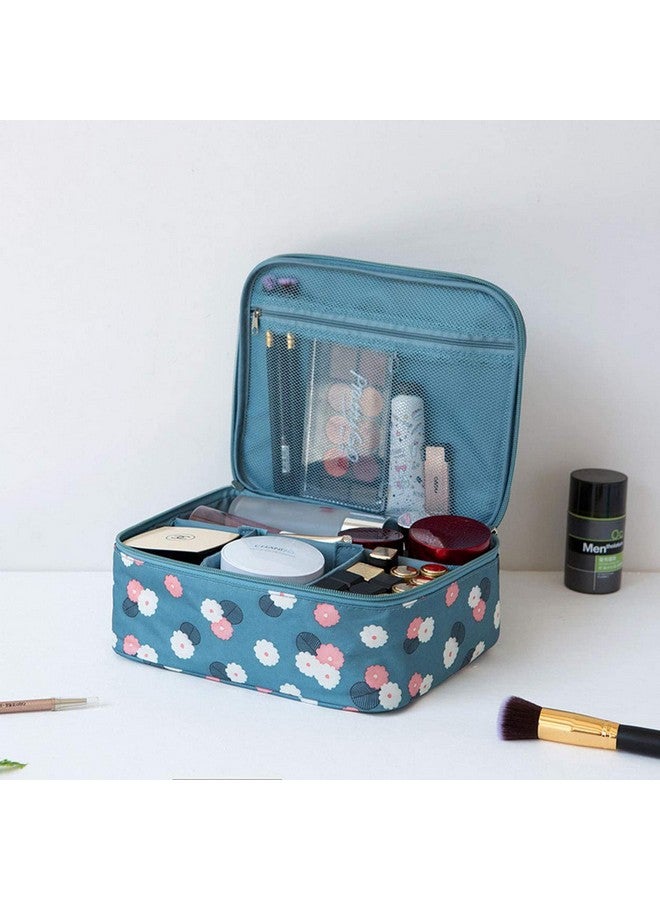 House of Quirk Portable Travel Makeup Cosmetic Bags Makeup Storage Toiletry Bags for Women with Dividers Makeup Bag Organizer - Light Blue Flower - Image 2