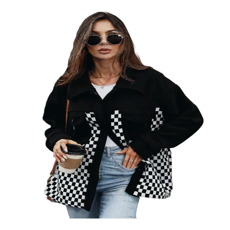 Women's Fleece Plaid Long Sleeve Lapel Single Breasted Coat Jacket - Image 1