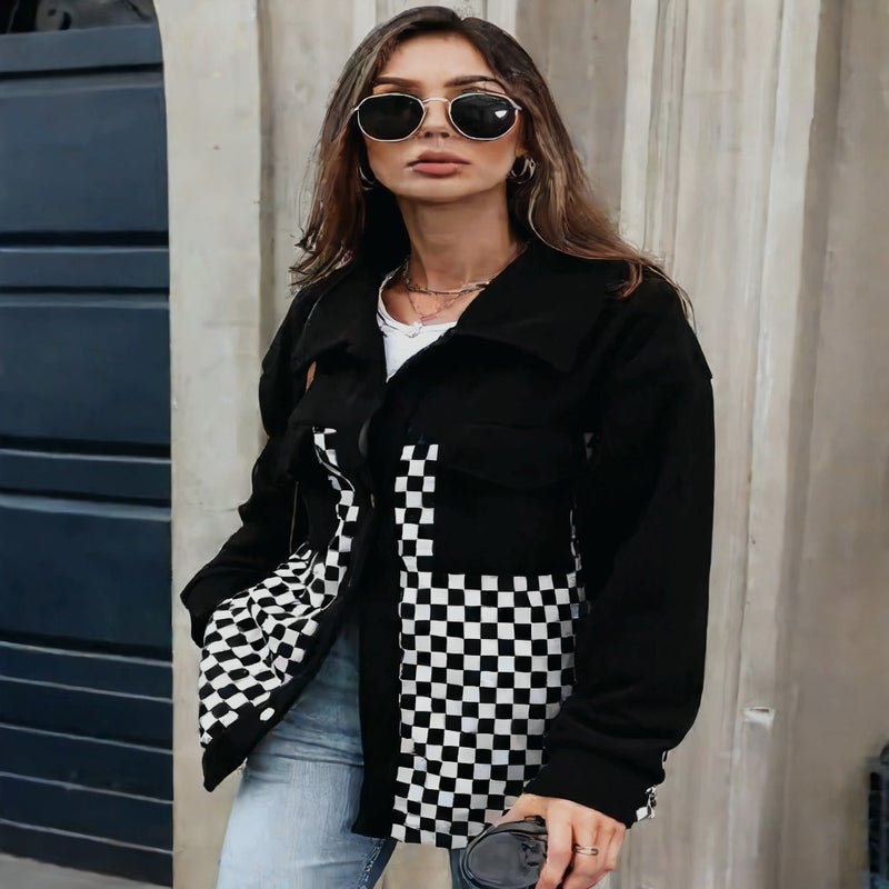 Women's Fleece Plaid Long Sleeve Lapel Single Breasted Coat Jacket - Image 5