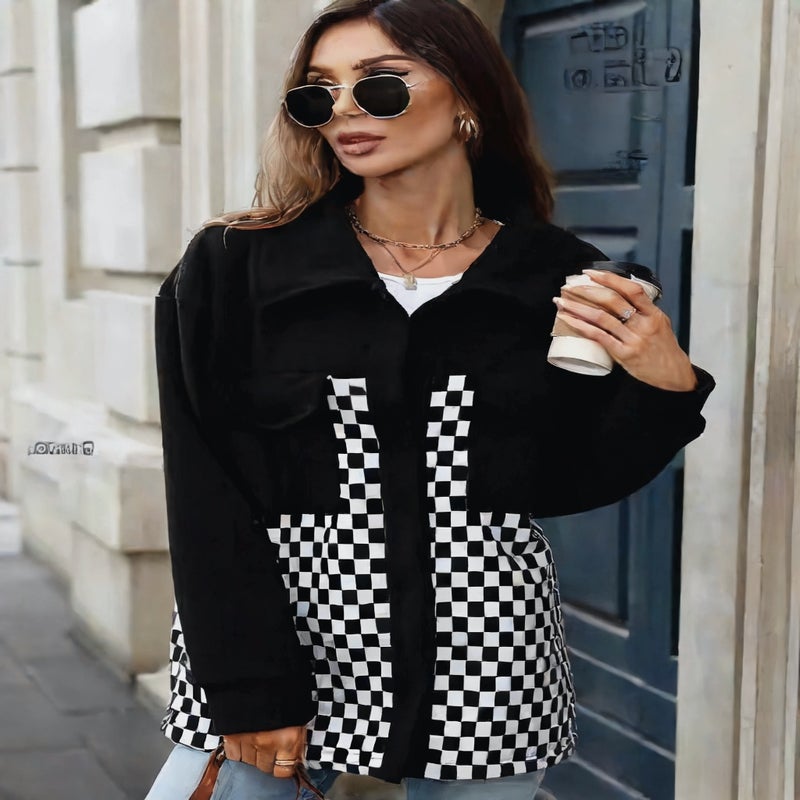 Women's Fleece Plaid Long Sleeve Lapel Single Breasted Coat Jacket - Image 4