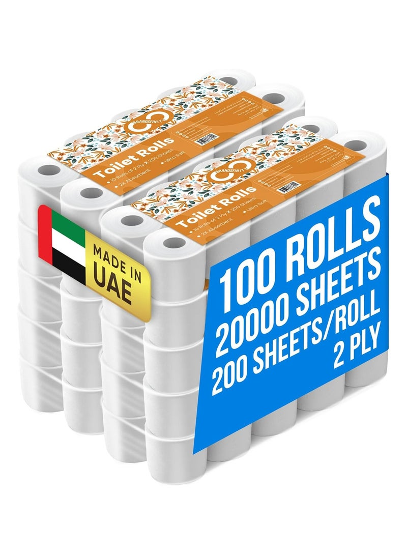 Brandsfinity 2-Ply Embossed Toilet Paper Rolls, 100 X 200 Sheets Bulk Value Pack - 20000 Premium 2-Ply Sheets, Ultra Soft Tissue Suitable for All Skin Types and Highly Absorbent