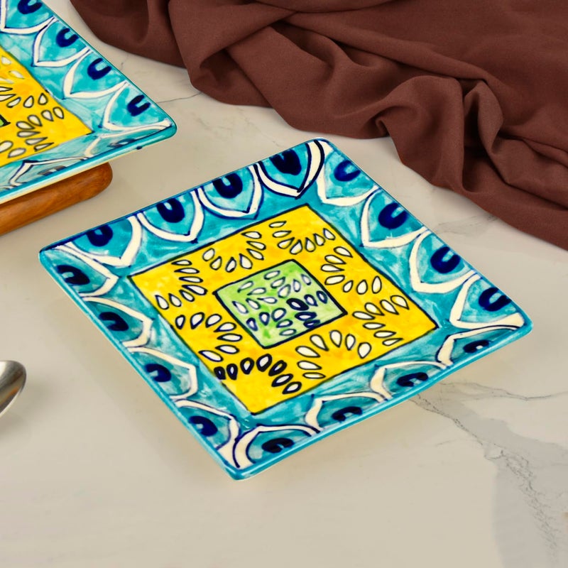 StyleMyWay طقم أطباق سيراميك مربعة مطلية يدويًا بتصميم تقليدي من ستايل ماي واي (طقم من 2، أزرق وأصفر، الطول × العرض - 18 سم × 18 سم) | طقم صينية تقديم للمبتدئين - Image 4