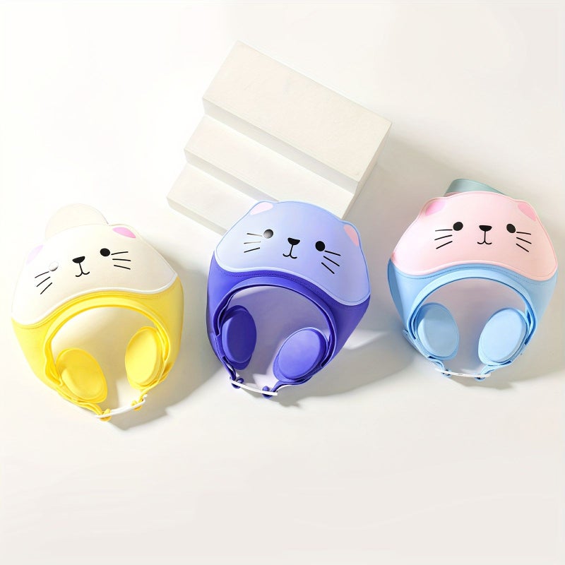 1PC Light Yellow Cute Cat Baby Shower Cap With Adjustable Ear Flaps Waterproof Safe Soft TPE Material For Girls And Boys Bathroom - Image 2