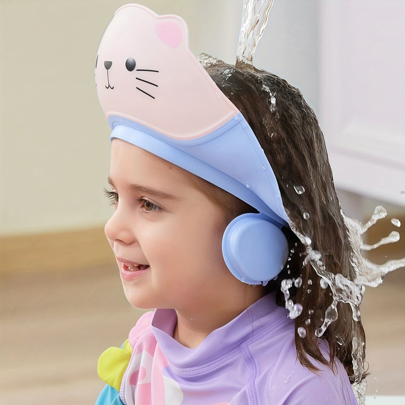 1PC Light Yellow Cute Cat Baby Shower Cap With Adjustable Ear Flaps Waterproof Safe Soft TPE Material For Girls And Boys Bathroom - Image 1