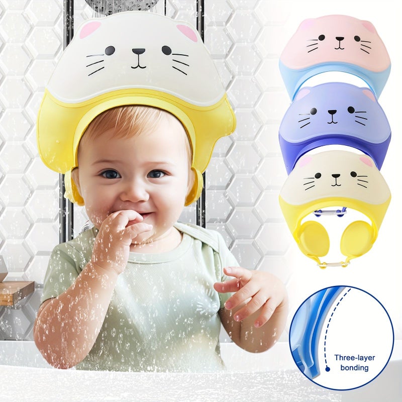 1PC Light Yellow Cute Cat Baby Shower Cap With Adjustable Ear Flaps Waterproof Safe Soft TPE Material For Girls And Boys Bathroom - Image 4