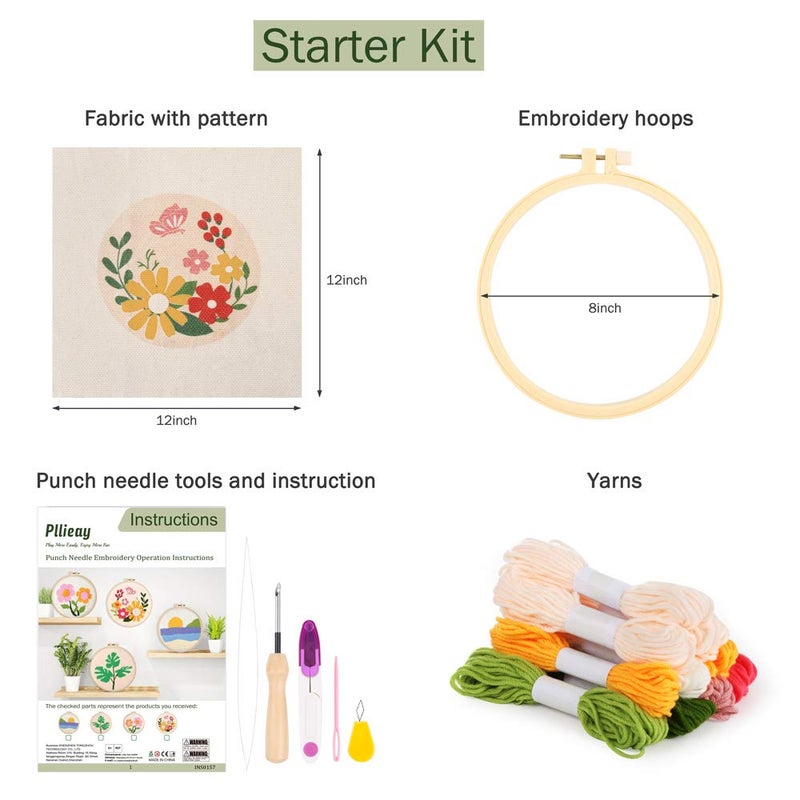 Pllieay Punch Needle Embroidery Starter Kits for Kids and Adults Beginners, Include Instructions, Punch Needle Fabric with Floral Pattern, Yarns, Embroidery Hoops and Threader Tools - Image 2