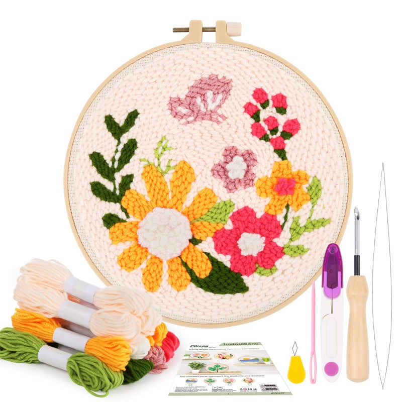 Pllieay Punch Needle Embroidery Starter Kits for Kids and Adults Beginners, Include Instructions, Punch Needle Fabric with Floral Pattern, Yarns, Embroidery Hoops and Threader Tools - Image 1