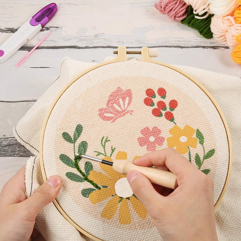 Pllieay Punch Needle Embroidery Starter Kits for Kids and Adults Beginners, Include Instructions, Punch Needle Fabric with Floral Pattern, Yarns, Embroidery Hoops and Threader Tools - Image 5