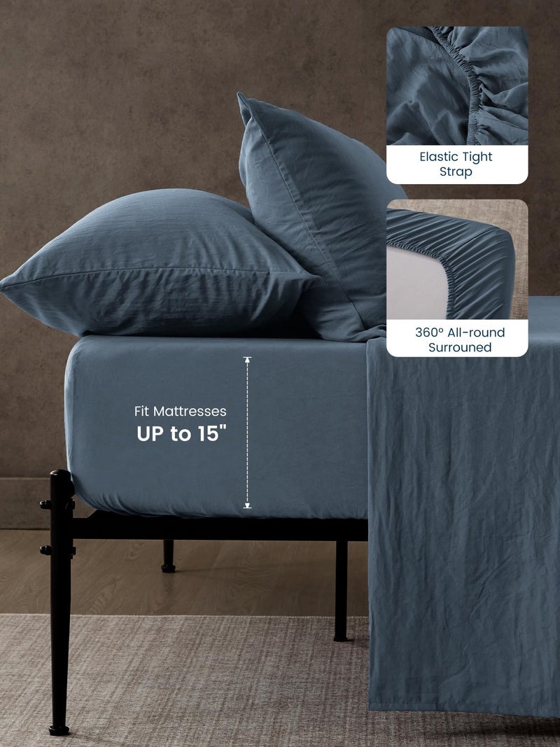 SLEEP ZONE Queen Sheet Set - Bed Sheets for Queen Size Bed Set - Washed Microfiber - 4 Piece Hotel Luxury Bedding Sheets with Fitted Sheet, Flat Sheet & 2 Pillowcases - Deep Pocket (Flint Stone Blue) - Image 3