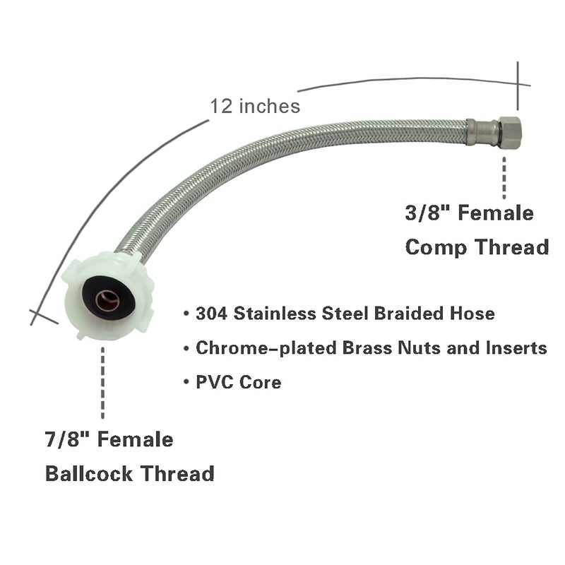 TT FLEX Toilet Connector Water Line Kit with 12" Length Long 3/8" COMP x 7/8" BC Toilet Connector Hose, 1/2 inch NOM Inlet x 3/8 inch OD Compression Outlet Angle Shut Off and Escutcheon Plate - Image 2