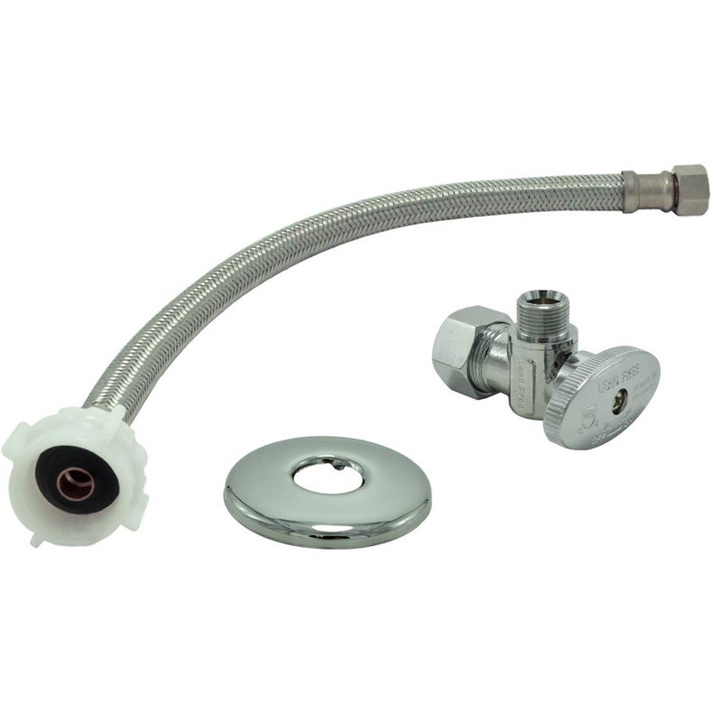 TT FLEX Toilet Connector Water Line Kit with 12" Length Long 3/8" COMP x 7/8" BC Toilet Connector Hose, 1/2 inch NOM Inlet x 3/8 inch OD Compression Outlet Angle Shut Off and Escutcheon Plate - Image 1