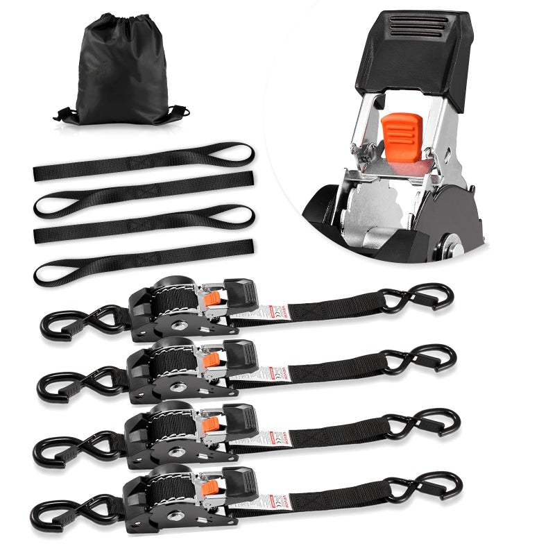 VEVOR Retractable Ratchet Straps, 1 in x 10 ft, Tie Down Straps with S Hooks, 1200 lbs Break Strength, 4 Soft Loops, Tie Down Ratcheting for Moving, Trailers, Motorcycles, Kayaks, Car Roof, 4 Pack - Image 1