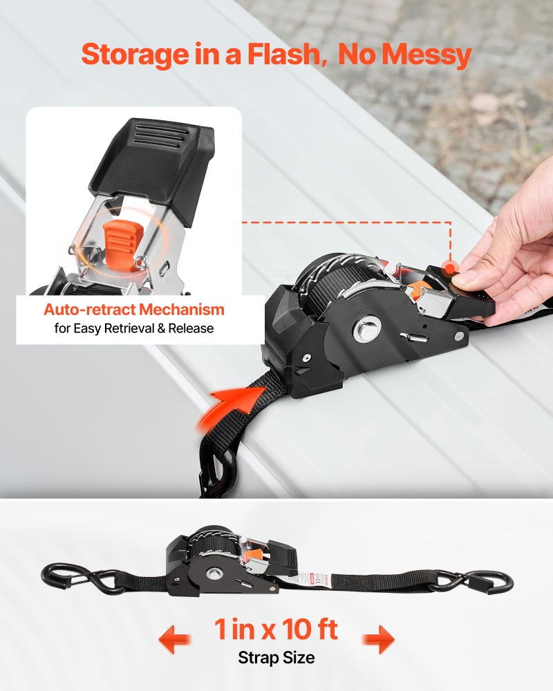 VEVOR Retractable Ratchet Straps, 1 in x 10 ft, Tie Down Straps with S Hooks, 1200 lbs Break Strength, 4 Soft Loops, Tie Down Ratcheting for Moving, Trailers, Motorcycles, Kayaks, Car Roof, 4 Pack - Image 3