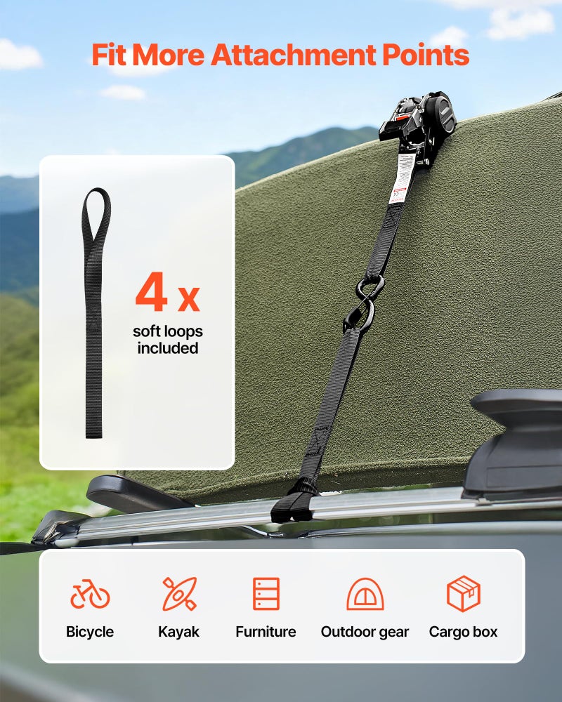 VEVOR Retractable Ratchet Straps, 1 in x 10 ft, Tie Down Straps with S Hooks, 1200 lbs Break Strength, 4 Soft Loops, Tie Down Ratcheting for Moving, Trailers, Motorcycles, Kayaks, Car Roof, 4 Pack - Image 5