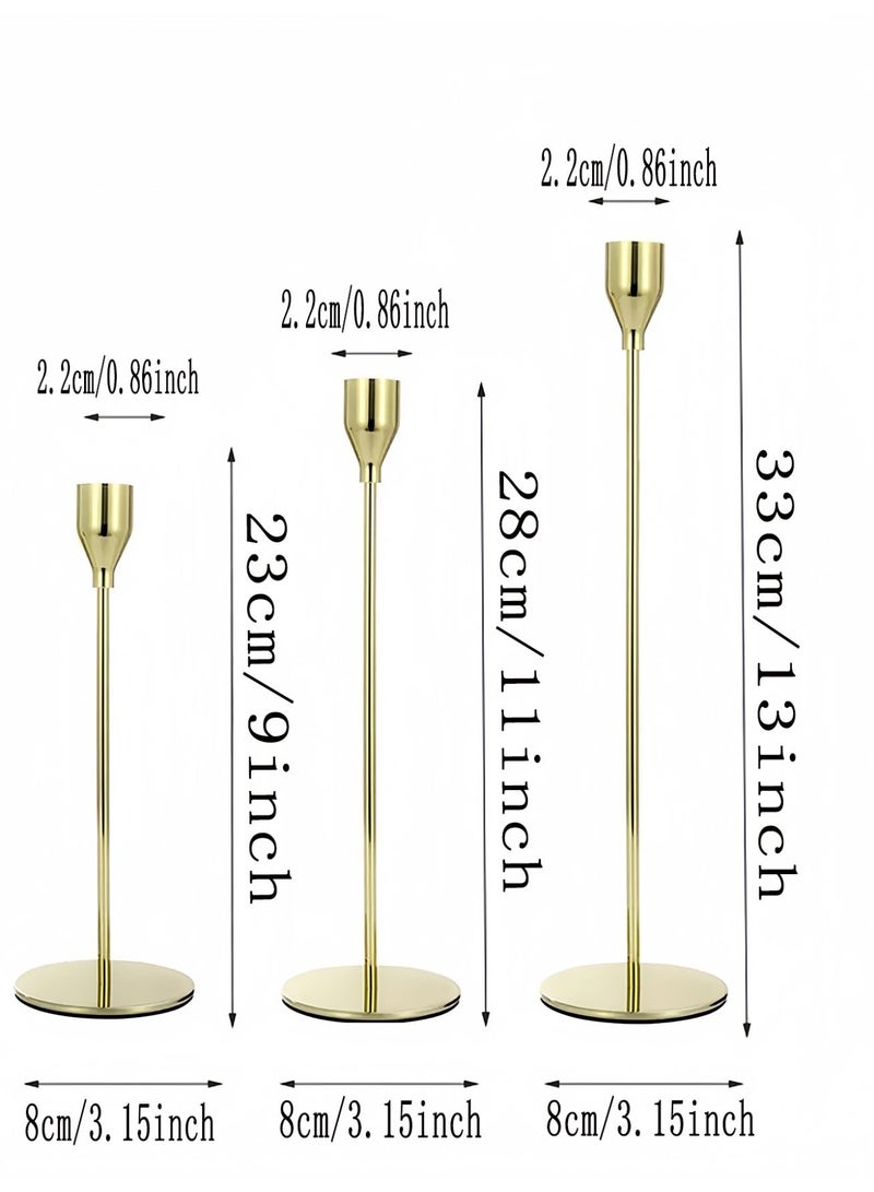 مجموعة حاملات الشموع من 3 قطع للشموع المدببة، حامل شموع مزخرف لحفلات الزفاف والعشاء والحفلات والملابس، شمعة ليد سميكة 3/4 بوصة (حامل شموع معدني) (ذهبي) - Image 5