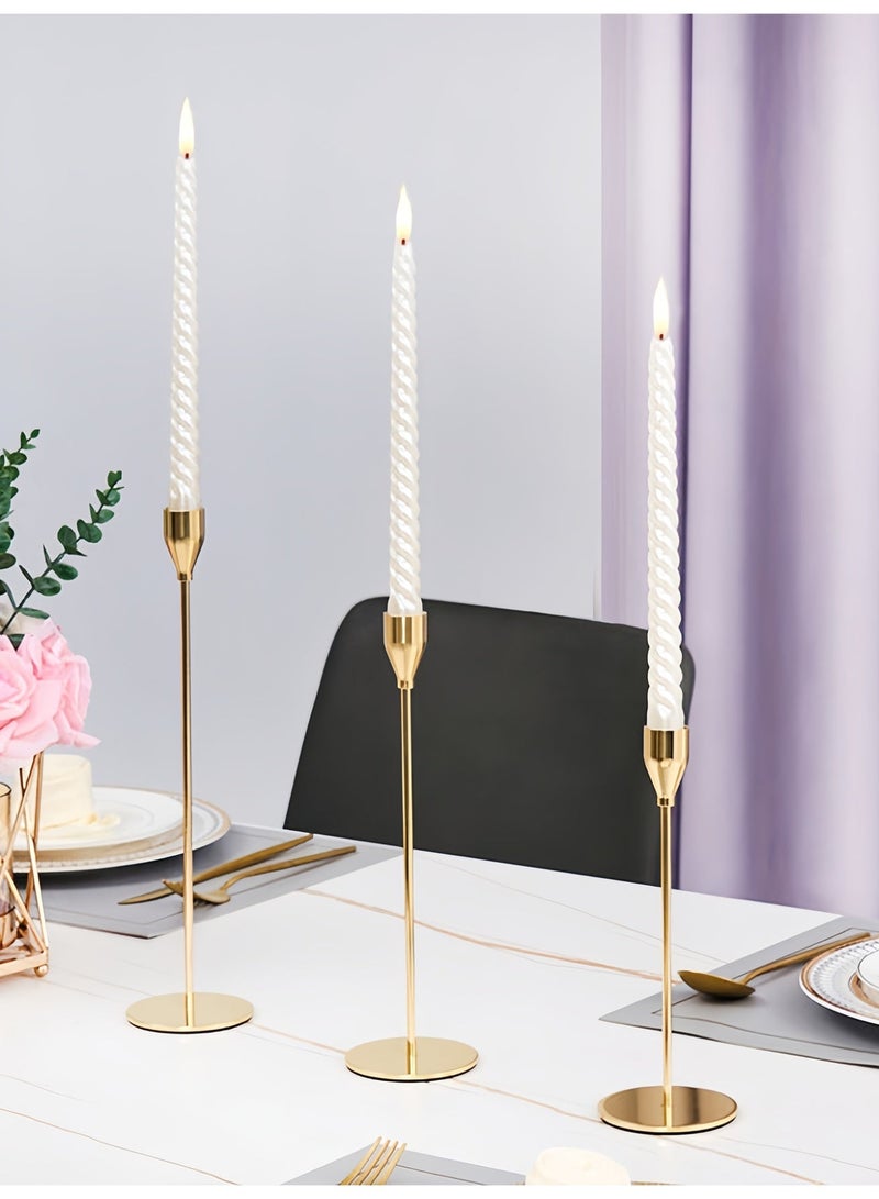 مجموعة حاملات الشموع من 3 قطع للشموع المدببة، حامل شموع مزخرف لحفلات الزفاف والعشاء والحفلات والملابس، شمعة ليد سميكة 3/4 بوصة (حامل شموع معدني) (ذهبي) - Image 3