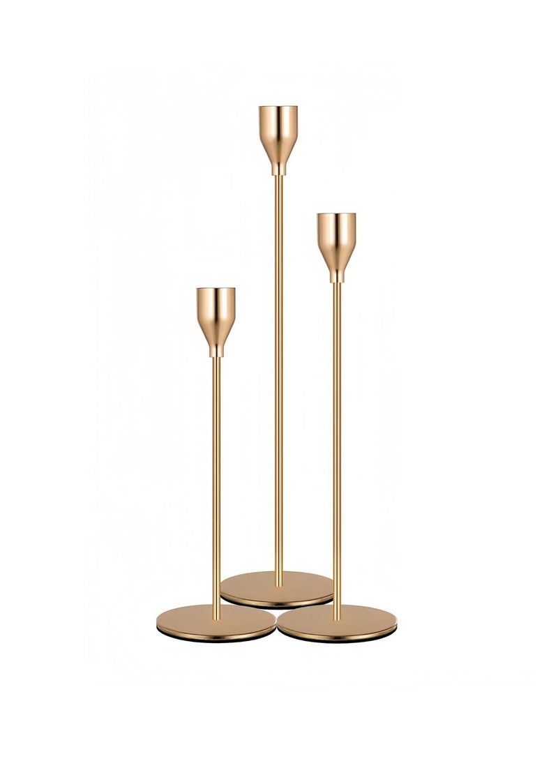 مجموعة حاملات الشموع من 3 قطع للشموع المدببة، حامل شموع مزخرف لحفلات الزفاف والعشاء والحفلات والملابس، شمعة ليد سميكة 3/4 بوصة (حامل شموع معدني) (ذهبي) - Image 1