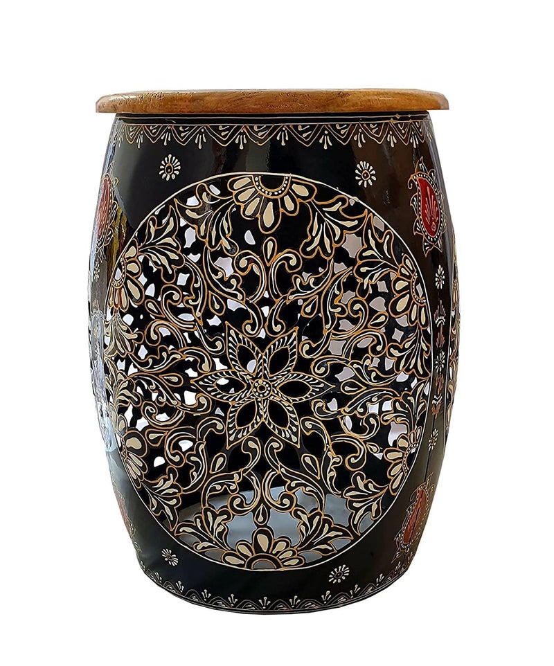 pranjals house pranjals house Hand Painted Beautiful Stool Home DecorFloor DecorTable DecorDecorationMudda Black 12 Inch - Image 3