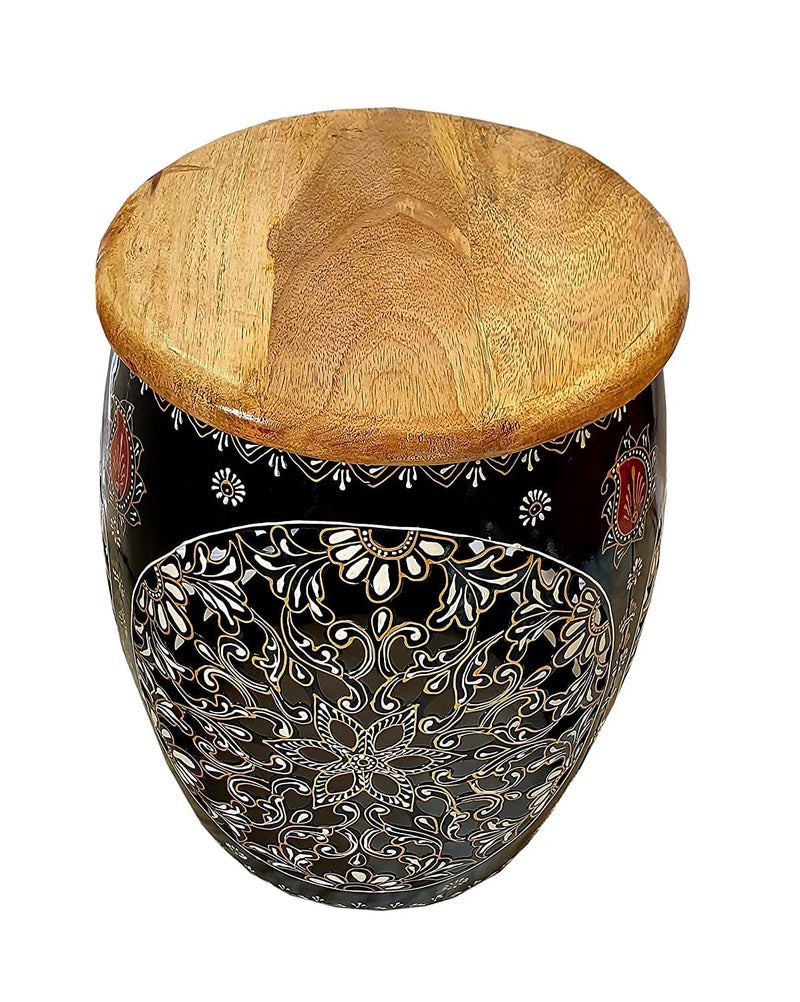 pranjals house pranjals house Hand Painted Beautiful Stool Home DecorFloor DecorTable DecorDecorationMudda Black 12 Inch - Image 2