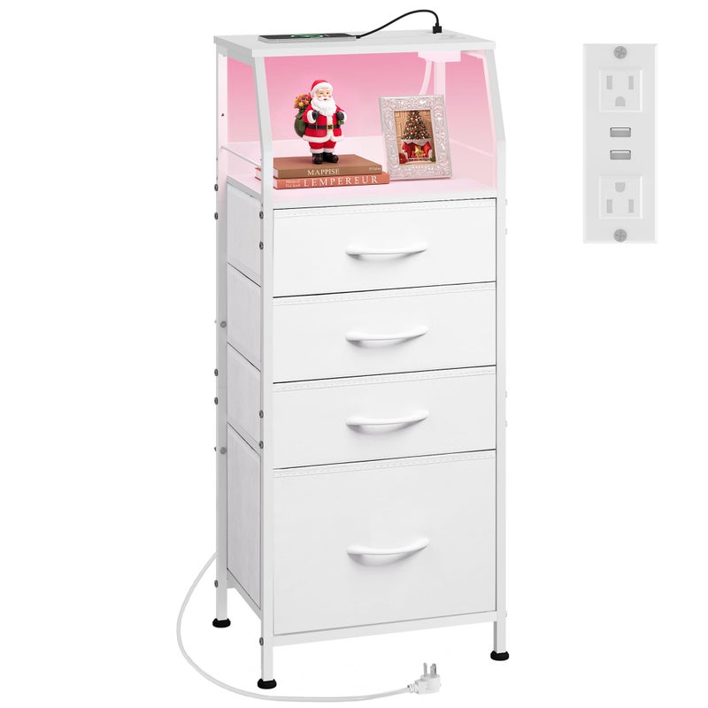 WLIVE Night Stand with Charger Station, White Nightstand with LED Light and 4 Storage Drawers, Tall Dresser for Bedroom, 37.48" H Bedside Table with Fabric Bins, Wood Shelf - Image 1