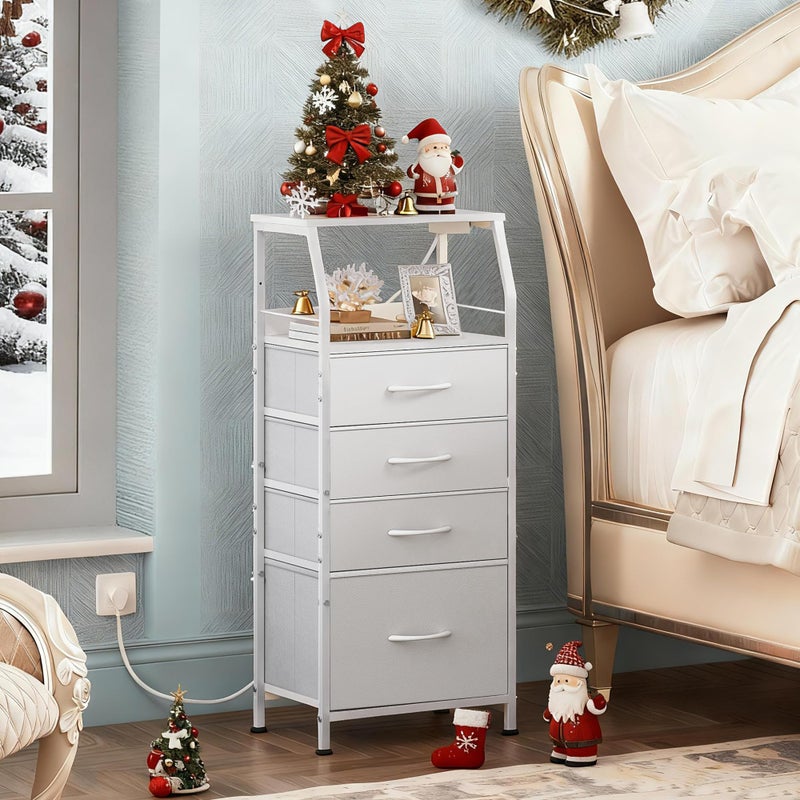 WLIVE Night Stand with Charger Station, White Nightstand with LED Light and 4 Storage Drawers, Tall Dresser for Bedroom, 37.48" H Bedside Table with Fabric Bins, Wood Shelf - Image 2