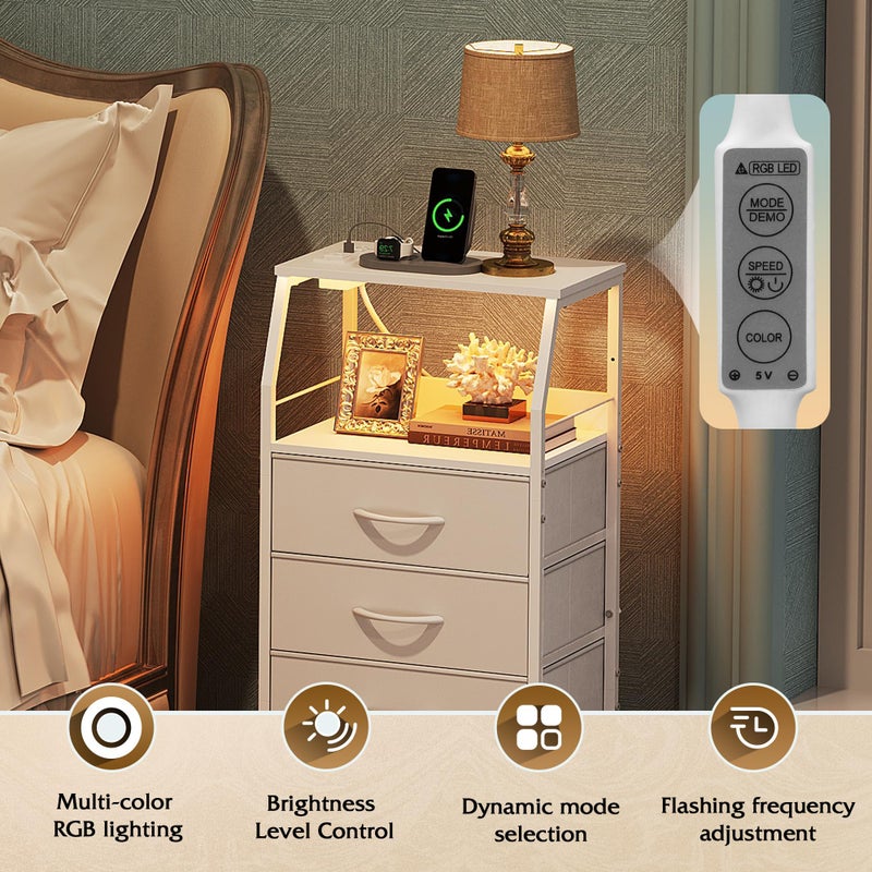 WLIVE Night Stand with Charger Station, White Nightstand with LED Light and 4 Storage Drawers, Tall Dresser for Bedroom, 37.48" H Bedside Table with Fabric Bins, Wood Shelf - Image 4