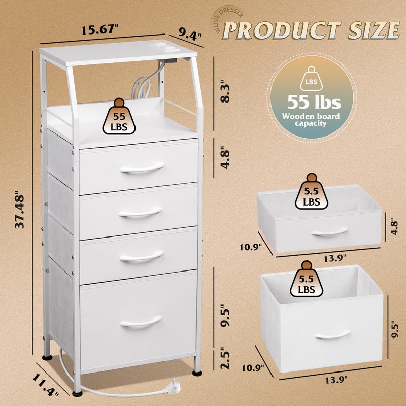 WLIVE Night Stand with Charger Station, White Nightstand with LED Light and 4 Storage Drawers, Tall Dresser for Bedroom, 37.48" H Bedside Table with Fabric Bins, Wood Shelf - Image 3