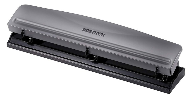 Bostitch Office Premium 3 Hole Punch 12 Sheet Capacity Metal Rubber Base EasyClean Tray Silver Gray
