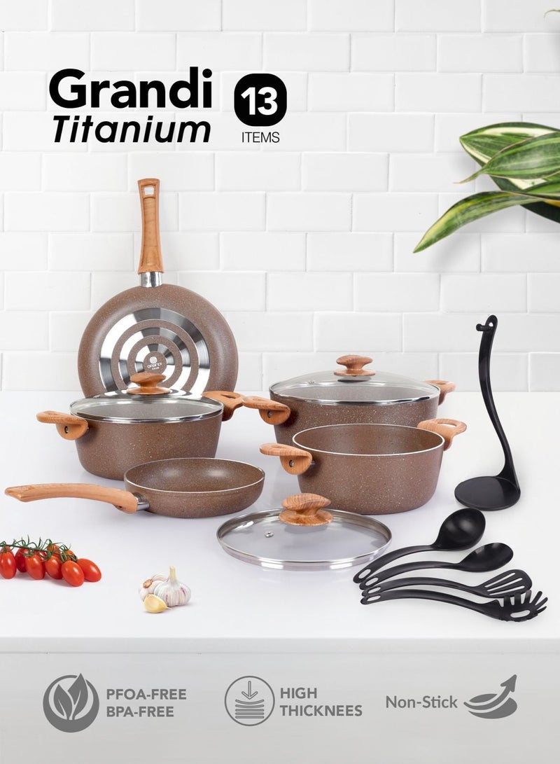 Grandi Granite Coated Pots And Pans Cookware Titanium  Set 13 PCS With Non-Stick Surfaces, Bakelite Handles, glass Lids , PFOA Free- Brown - Image 1