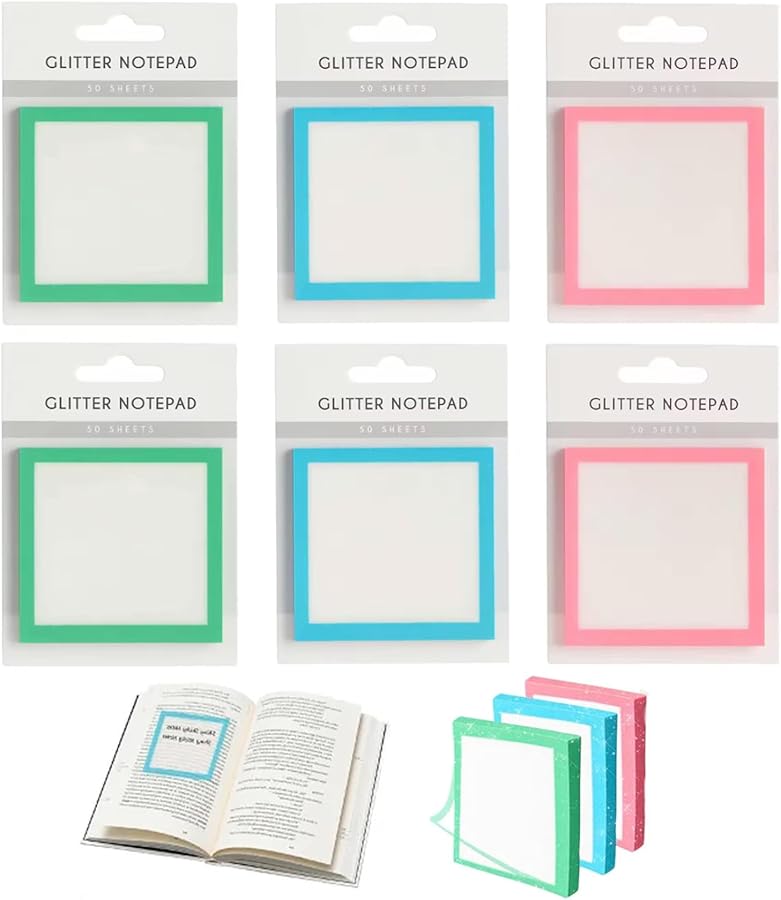 6PCS Glitter Sticky Notes 3x3 Inch Transparent Notepad Set Self Adhesive Waterproof - Image 5
