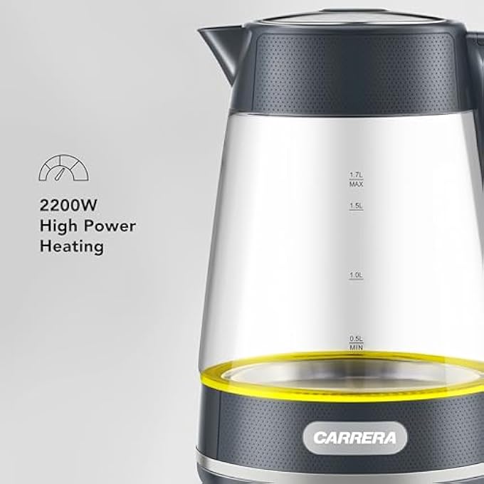 كاريرا غلاية زجاجية Crr649 غلاية كهربائية 2200 واط مع إبريق زجاجي مقاوم للحرارة سعة 17 لترًا ووحدة تحكم Strix وخاصية الحماية من الغليان والجفاف - Image 3