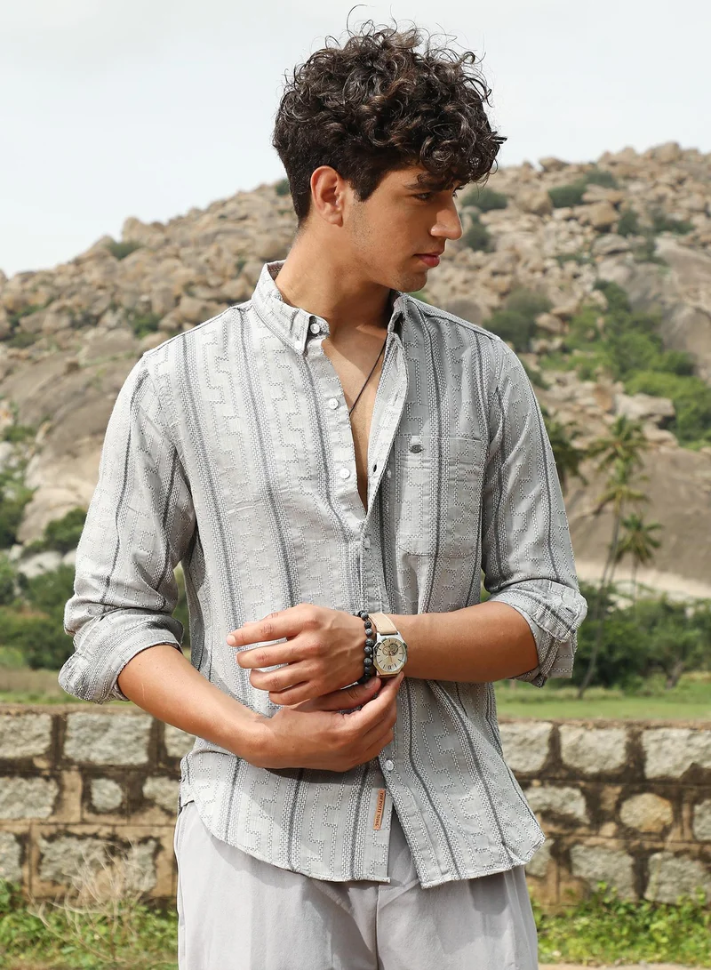 Campus Sutra Campus Sutra Men's Cloud Grey Geo-Stripe Jacquard Shirt | Button-Down Collar , Long Sleeve Cuffed Sleeves , Button Closure | Stripes Jacquard | Cotton-Blend Shirt For Casual Wear
